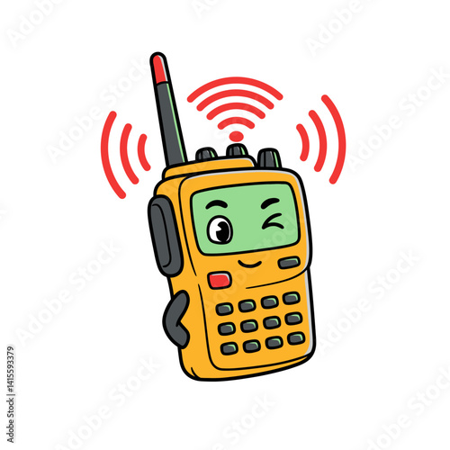 Walkie-Talkie Cartoon Character Winking and Emitting Radio Waves with Bold Outline and Clean White Background