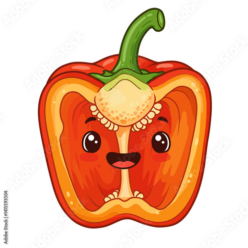 Half Bell Pepper Cartoon with Visible Seeds and Happy Expression in Colorful Bold Line Illustration on White Background