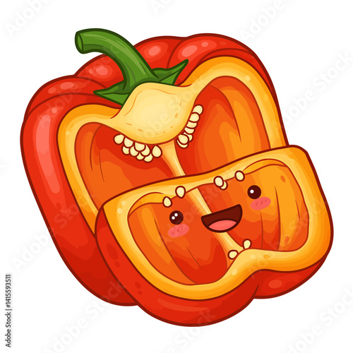 Fun Cut Bell Pepper with Cartoon Face and Thick Outline in Simple Food Illustration Style on Clean Background