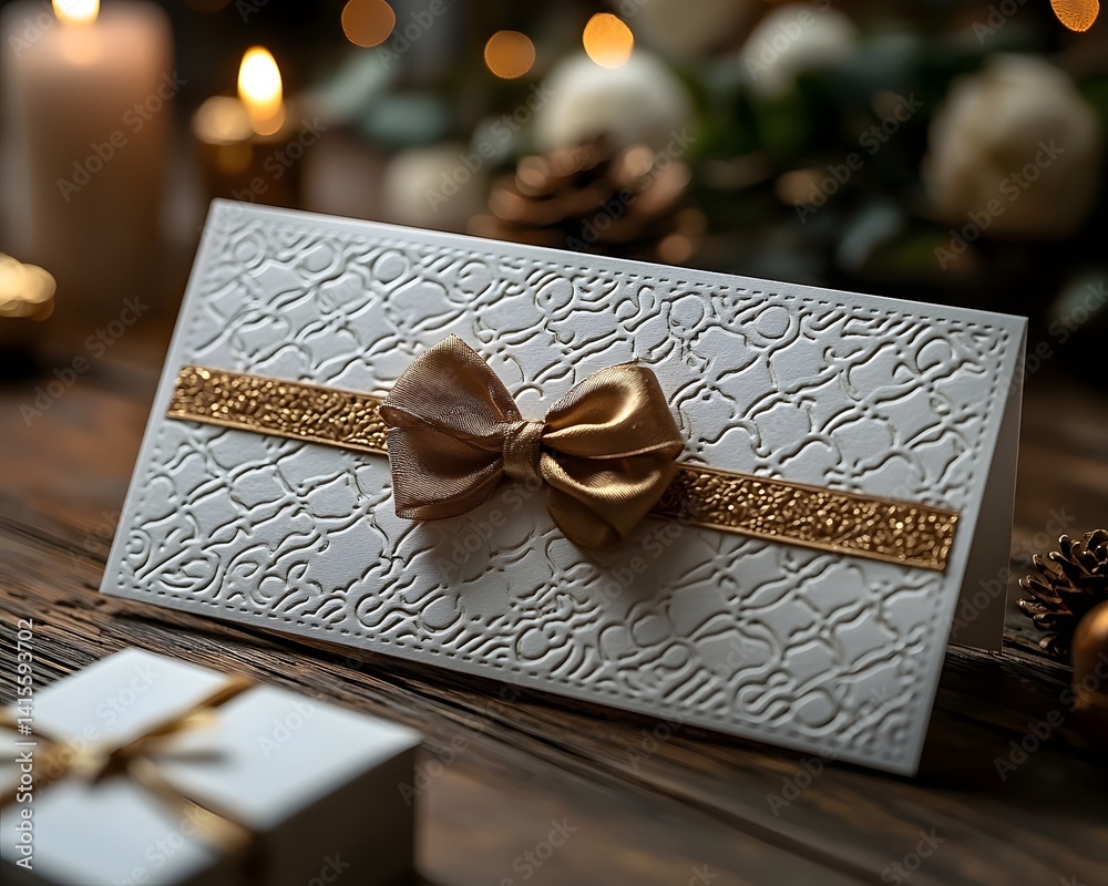 An elegant and ornate white gift card with a golden bow for festive occasions
