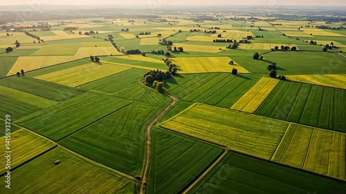 Aerial view of farmland with green and yellow crop fields divided by narrow dirt paths