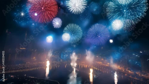 Fireworks celebration 4k video clip.Amazing fireworks footage 4k resolution,background golden shining fireworks with bokeh lights in the night sky. glowing fireworks show. New year's eve fireworks