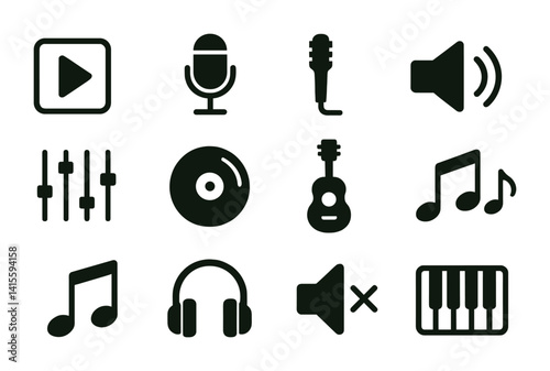 Music and audio icons set: instruments, notes, and controls in flat style