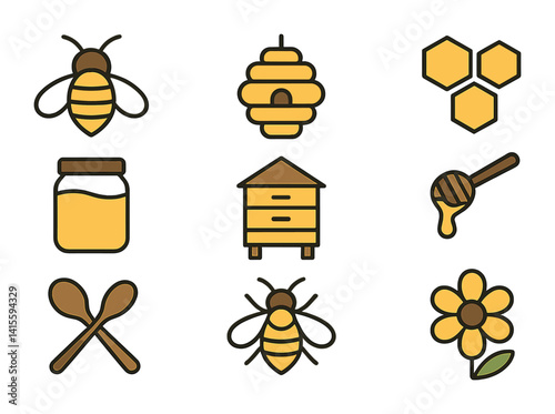 Honey icons set: bees, beehive, honeycomb, jar, dipper, flower - flat style