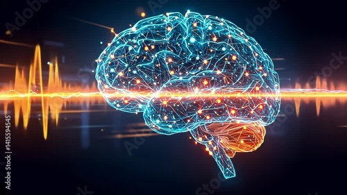 Futuristic glowing brain with neural network connections and energy wave representing AI