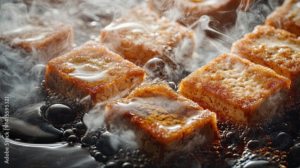 Fototapeta premium A pan of food is cooking in a pan with steam rising from it