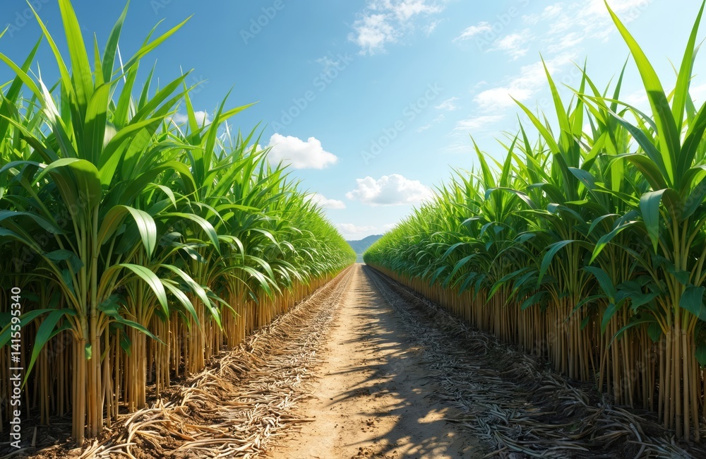 Obraz premium Sugarcane field with green leaves. Plantation with long rows sugarcane stalks on the side of the rural pathway, blue sky background, agriculture, farming concept.