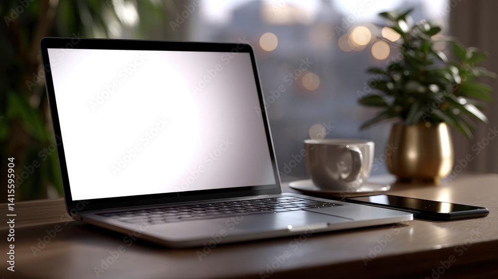 Laptop with Blank Screen on Desk with Coffee and City View Laptop with Blank Screen on Desk with Coffee and City View