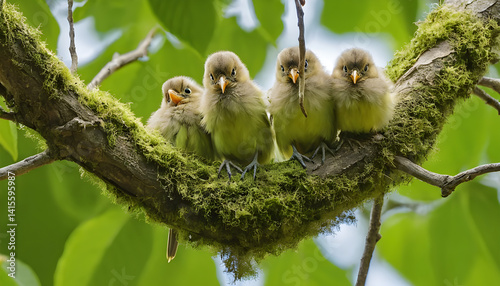 Cute baby birds perched on mossy branch springtime wildlife photography nature avian adorable family scene photo