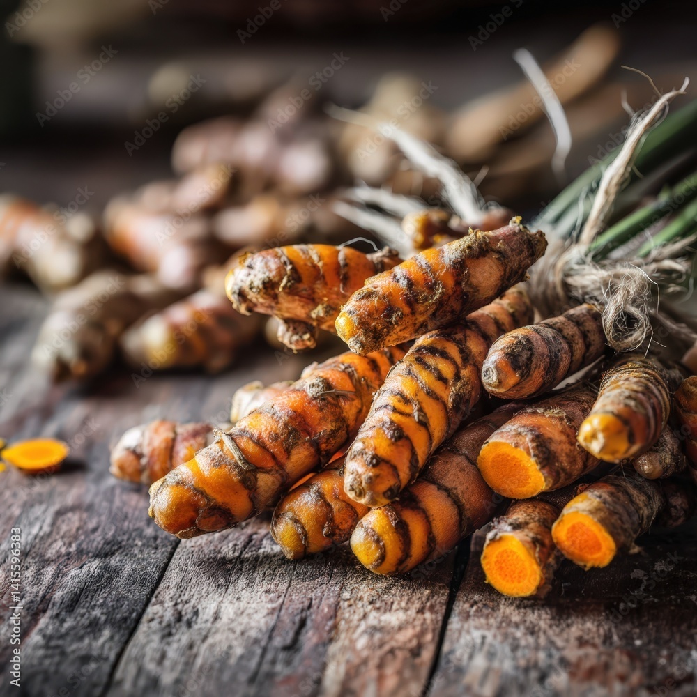 Fresh Turmeric Roots Bundle on Rustic Wooden Background Healthy Spice Culinary Ingredient and Herbal Remedy