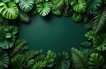 Green tropical leaves background. Different foliage plants on dark backdrop. Good advert banner with copy space. Plants, tropical rainforest plants, exotic foliage. Nature background.