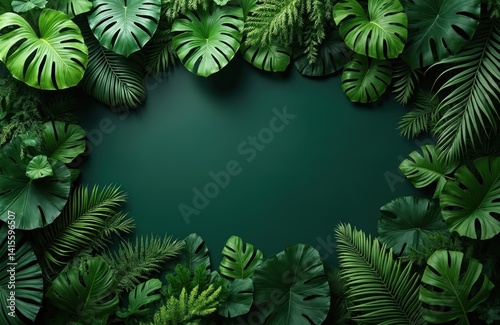 Green tropical leaves background. Different foliage plants on dark backdrop. Good advert banner with copy space. Plants, tropical rainforest plants, exotic foliage. Nature background.