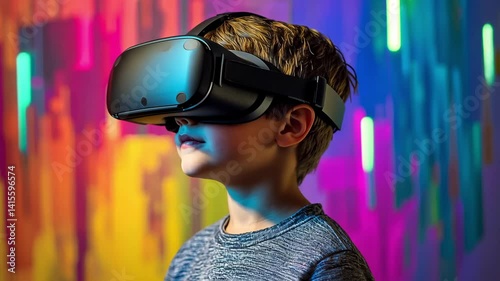 Child wearing virtual reality headset against colorful futuristic background with neon lights