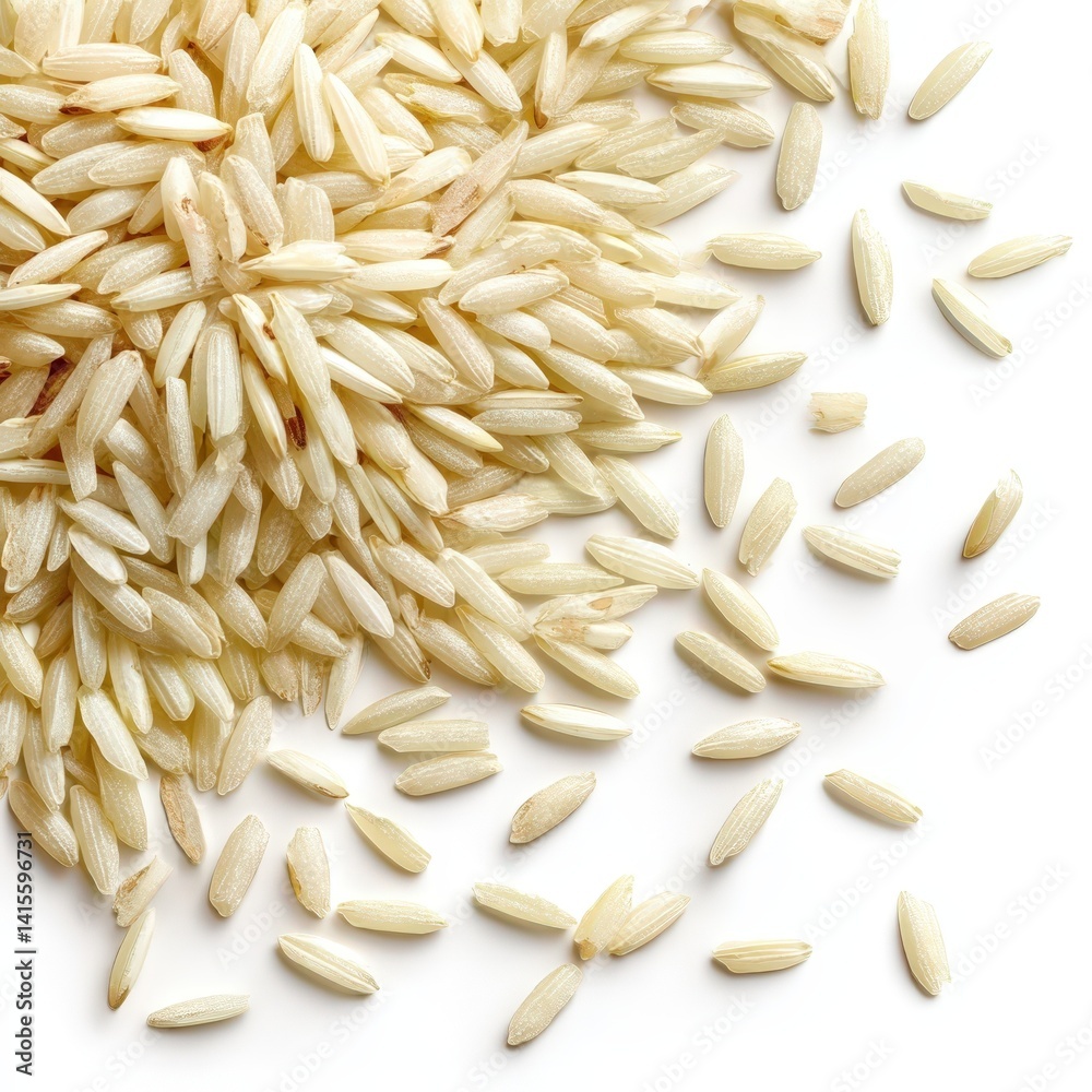 Obraz premium Uncooked Brown Rice Grains Scattered on White Background Closeup View Healthy Food Ingredient