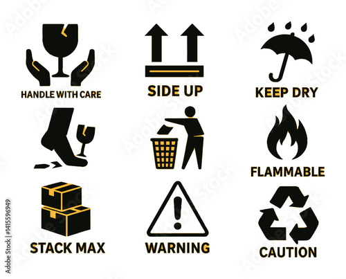 Essential shipping and handling icons set for safety and care instructions