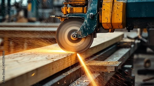 Industrial circular saw cutting through wooden beam with flying sparks in workshop setting