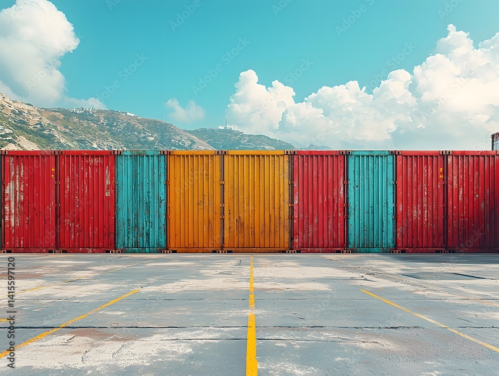 Colorful cargo containers stacked at a bustling port terminal