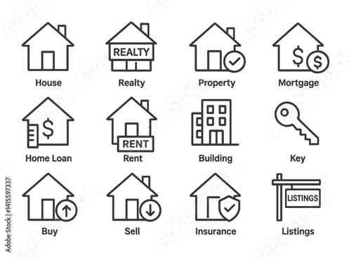 Real estate icons set - homes, mortgage, rent, buy/sell, insurance, listings in linear style