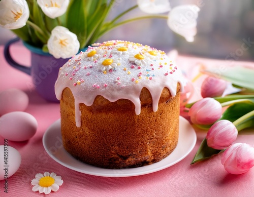 aster cake decorated with icing sugar and daisy flowers on the table with easter eggs and t.