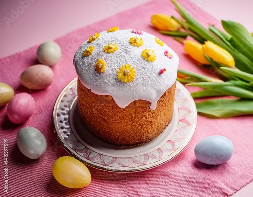 aster cake decorated with icing sugar and daisy flowers on the table with easter eggs and t.