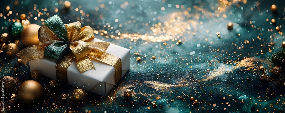 Luxurious gift box with golden bow and sparkling lights