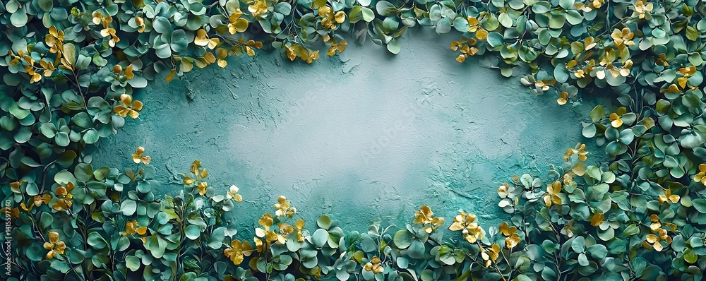 A nature inspired blank frame with green and gold accents long title A tranquil and vibrant frame created with lush green foliage and subtle golden