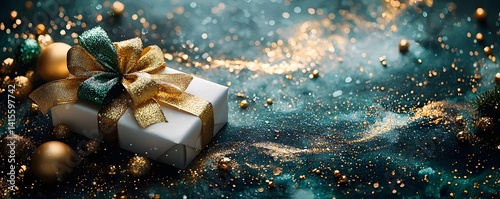 Obraz na płótnie Luxurious gift box with golden bow and sparkling lights w salonie