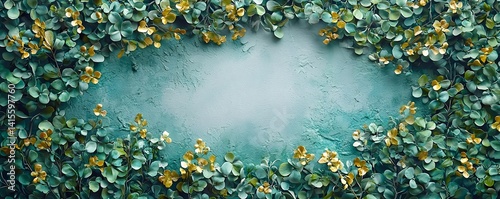 A nature inspired blank frame with green and gold accents  long title A tranquil and vibrant frame created with lush green foliage and subtle golden