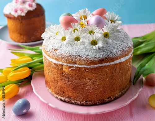 aster cake decorated with icing sugar and daisy flowers on the table with easter eggs 