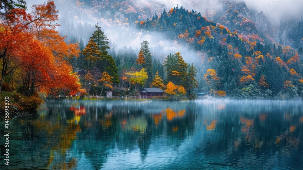 Fototapeta premium Serene autumn landscape with vibrant foliage reflecting in calm lake waters, surrounded by misty mountains