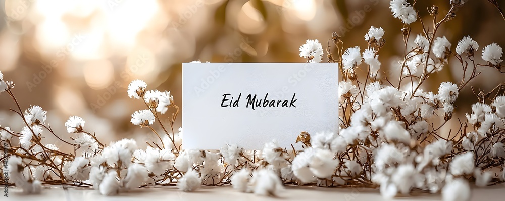 Minimalist Eid Mubarak greeting card with floral background