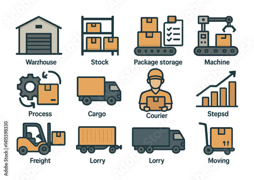 Warehouse logistics icon set: efficient storage, shipping, and handling in flat style