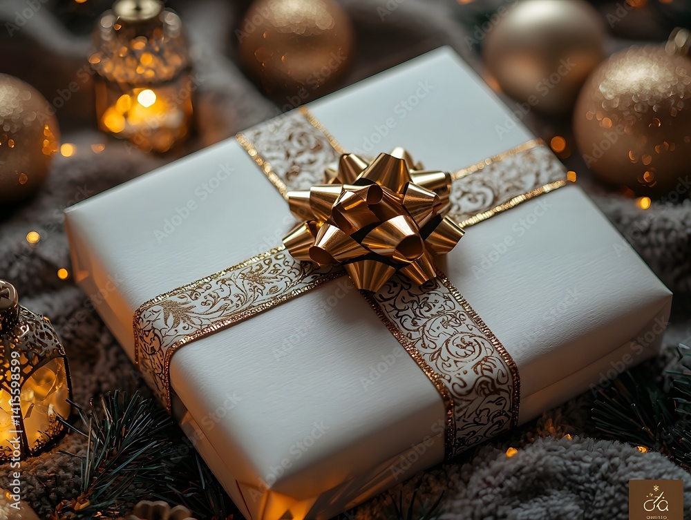 Elegant Christmas gift box with ornate patterns and warm lighting