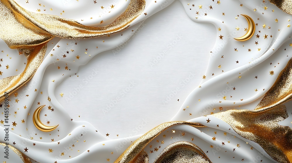 Festive gold and white gift card with geometric designs and crescent moons