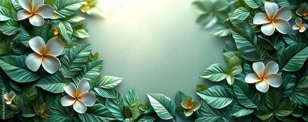 Tropical floral frame with lush green leaves and flowers