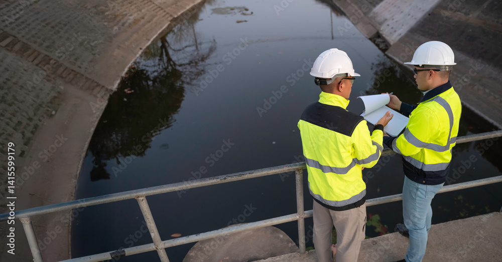 Fototapeta premium A engineering doing his checking routine. He is wearing hard hat and engineer uniform.Standing by the rail by the dam.Monitor water levels from the heavy rain that has been falling for several days.