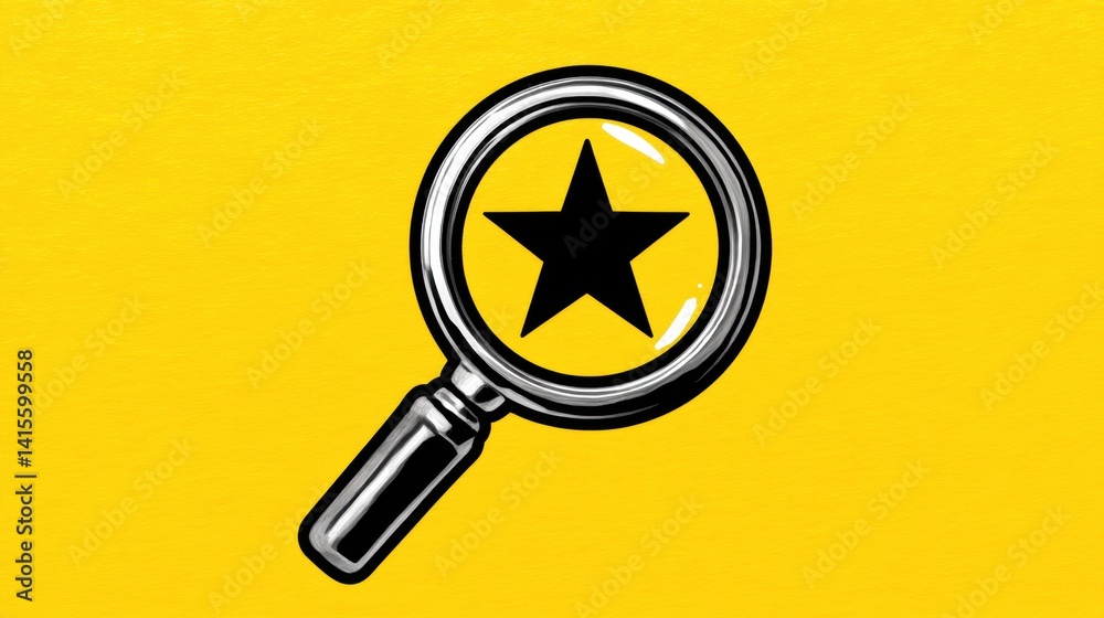 A magnifying glass focuses on a black star against a vibrant yellow background, symbolizing search, discovery, or highlighting importance. A magnifying glass focuses on a black star against a vibrant yellow background, symbolizing search, discovery, or highlighting importance.