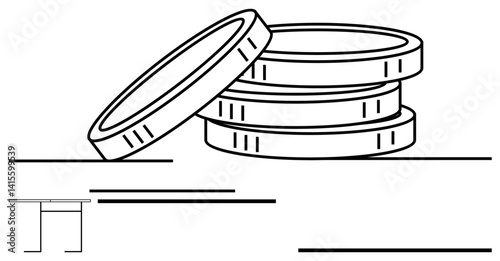 Three stacked coins and one tilted coin symbolize wealth, economy, profit, investment, and budgeting. Ideal for finance, banking, accounting, growth strategy and savings in a flat simple metaphor