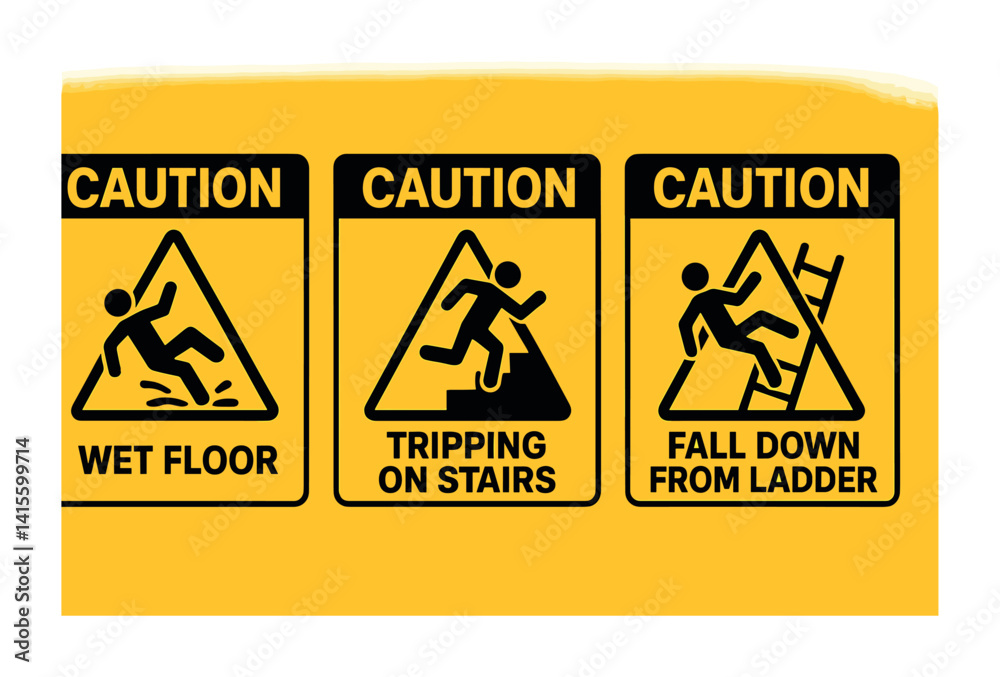 Caution icons set: wet floor, tripping on stairs, fall from ladder – linear safety signage