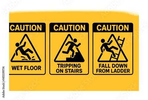 Obraz na płótnie Caution icons set: wet floor, tripping on stairs, fall from ladder – linear safety signage w salonie