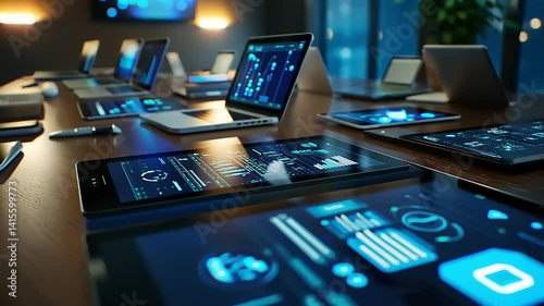 Wallpaper Mural Modern conference room with multiple devices displaying data analytics and graphs at night Torontodigital.ca