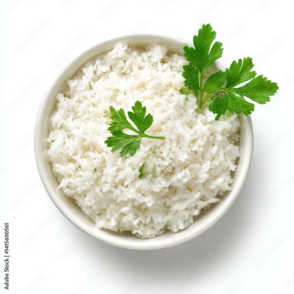 A bowl of rice garnished with fresh green herbs isolated on white background A bowl of rice garnished with fresh green herbs isolated on white background