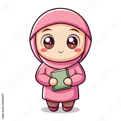 Cute girl in pink hijab holding a book