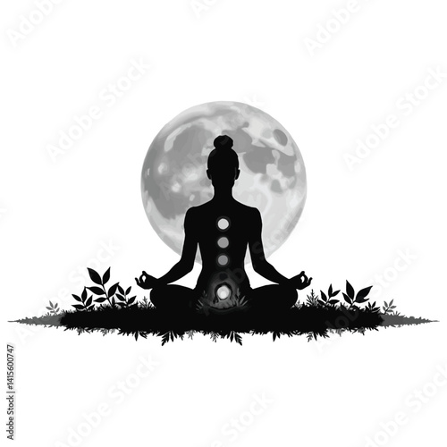 Silhouettes of people meditating in yoga poses for relaxation and spiritual energy