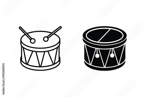 Drum Icon Set In Black And White Outline Simple Musical Instrument