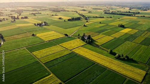 Aerial patchwork view of farmland with green and yellow fields at golden hour sunset