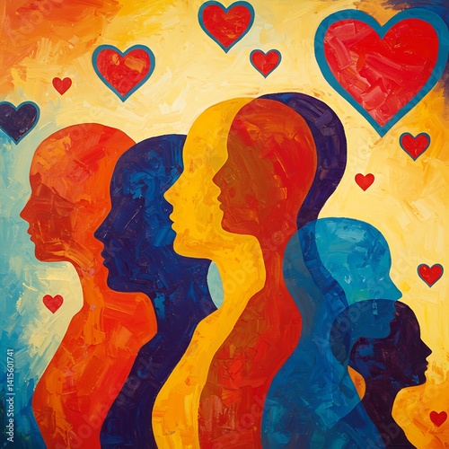 Vibrant painted profiles convey unity love community warm tones expressive brushstrokes