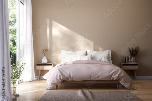 Fototapeta Naklejka Na Ścianę i Meble -  Modern contemporary style beige bedroom with nature view 3d render, Wooden floor open doors to see fresh green nature.