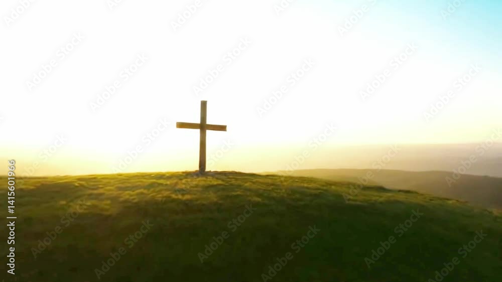 A wooden Christian cross stands tall on a grassy hill at sunrise, symbolizing hope, faith, and peace. The golden light of dawn creates a serene and spiritual atmosphere A wooden Christian cross stands tall on a grassy hill at sunrise, symbolizing hope, faith, and peace. The golden light of dawn creates a serene and spiritual atmosphere