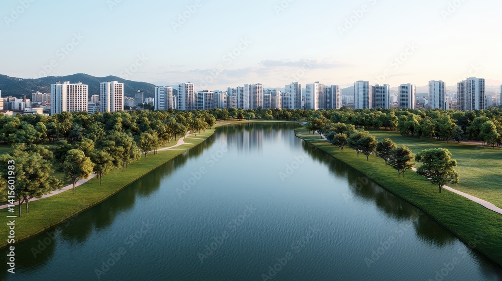 Fototapeta premium Sustainable metropolis with bio-diverse parks, air-purifying vegetation, and smart irrigation systems, promoting a thriving green ecosystem